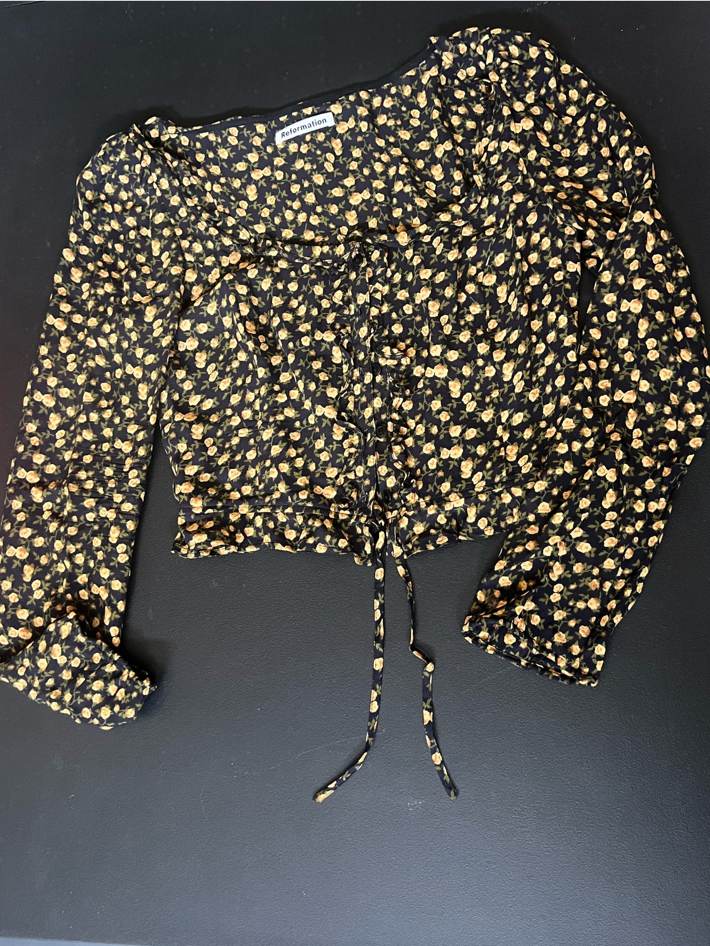 Reformation Black Blouse with Yellow Floral Print